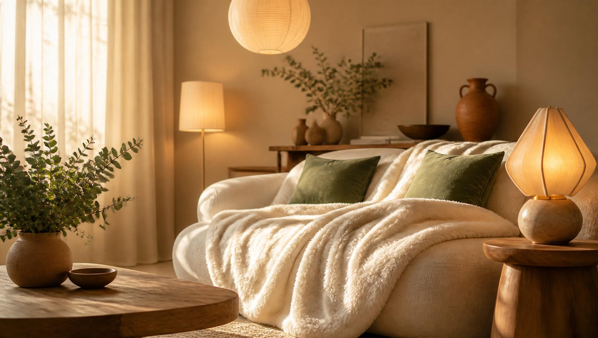 Luxurious living room with cream sofa, sage accents and brass details